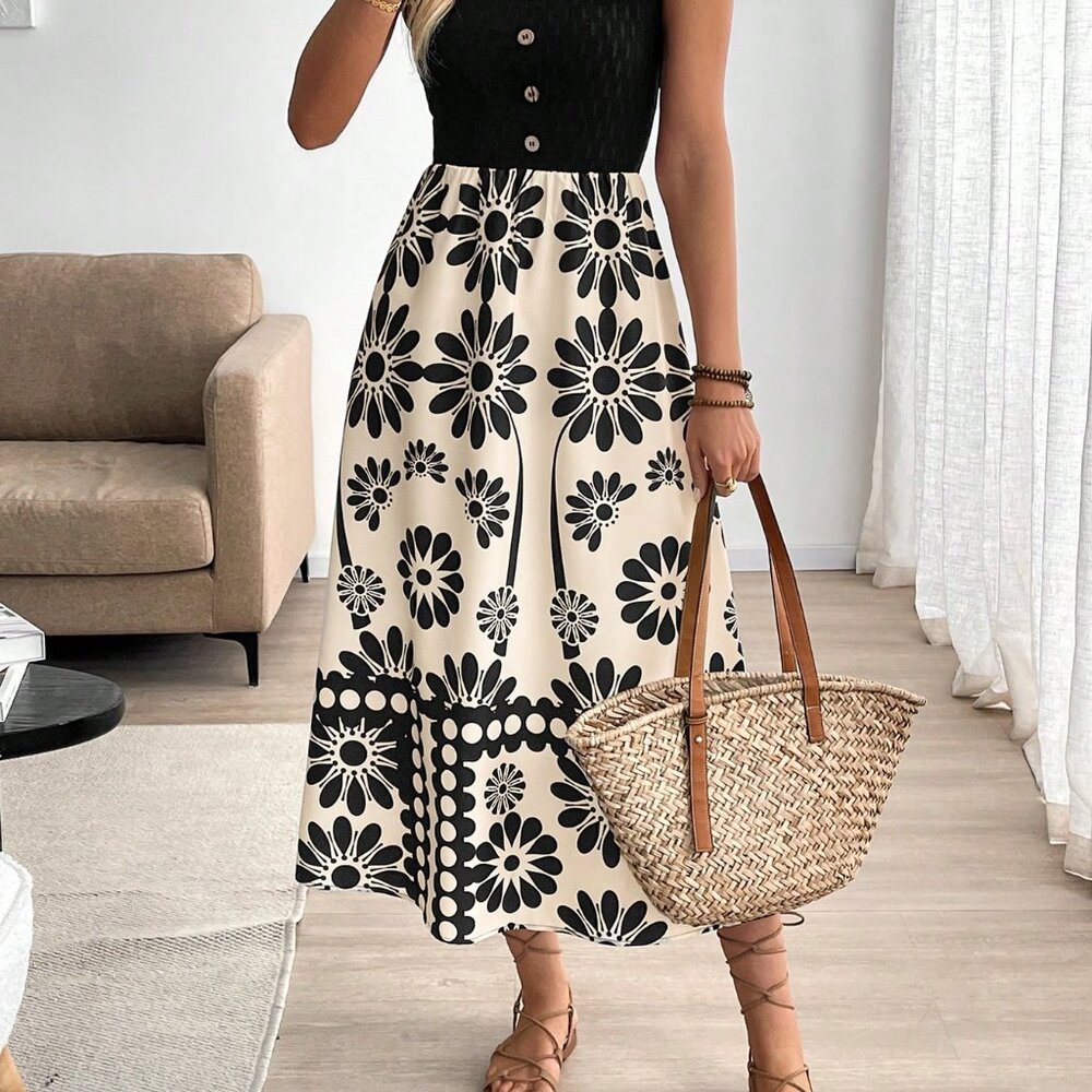 Black and White Women's Boho Floral Sleeveless Bodycon Dress